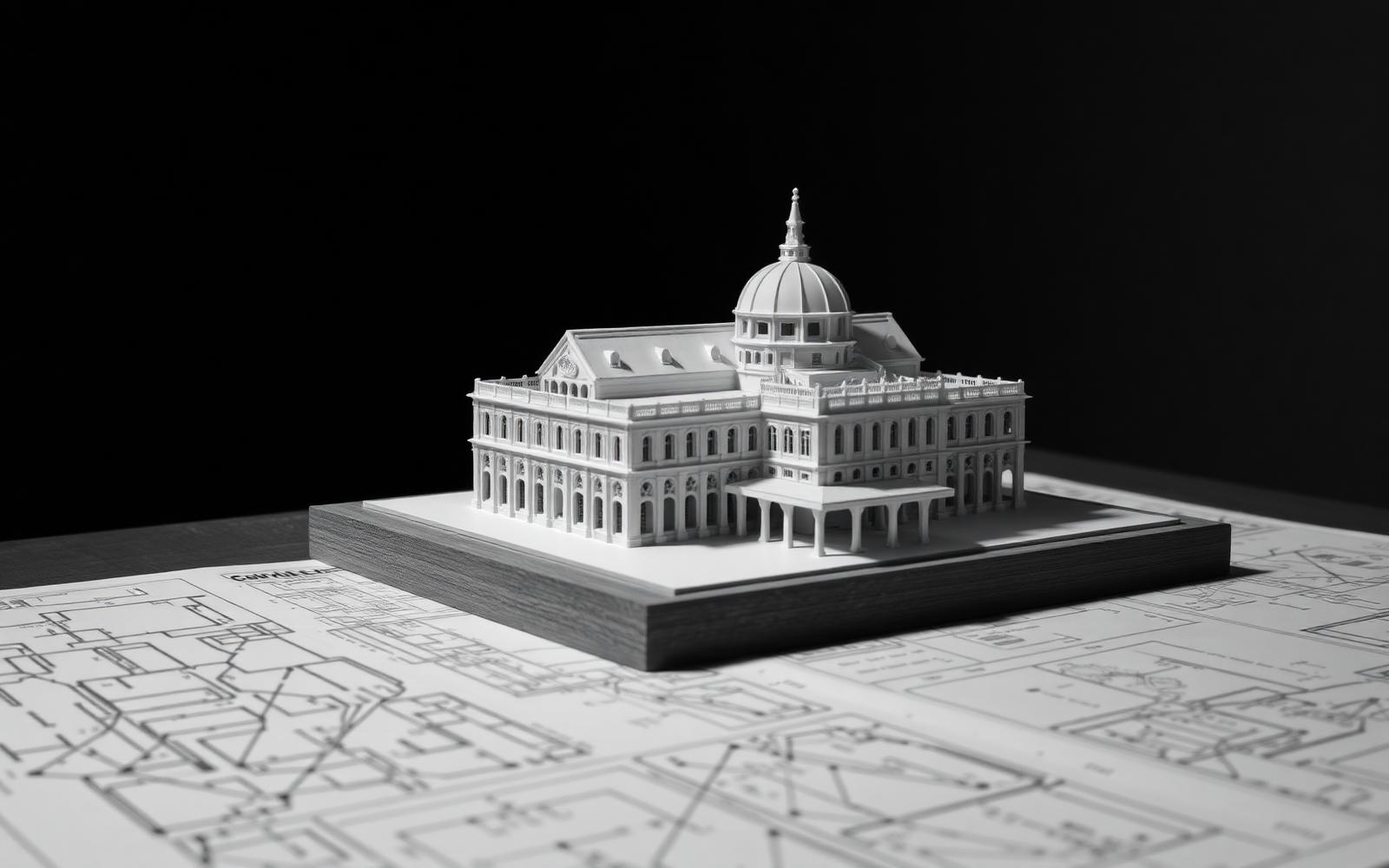 Architectural white model on blueprint drawings